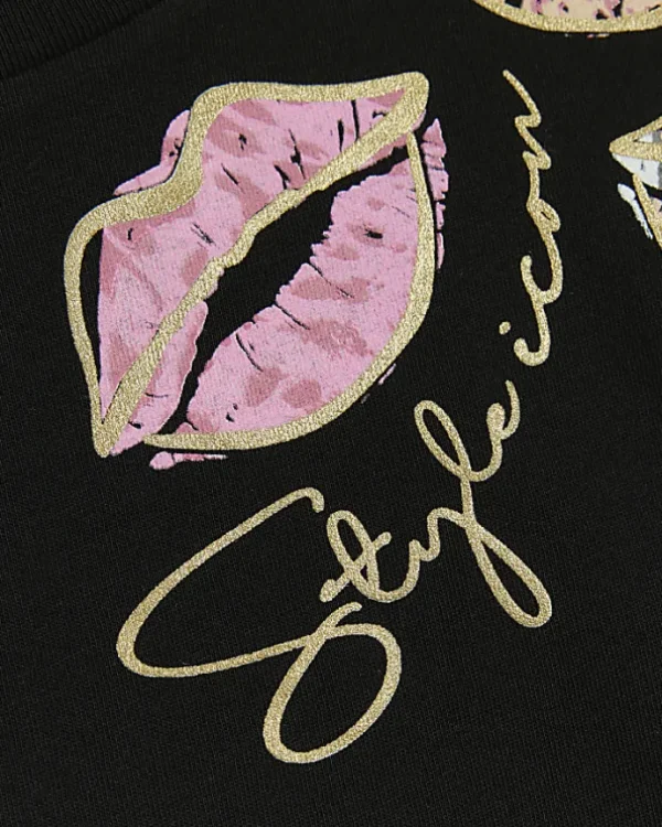 Girls black lips graphic crop t-shirt