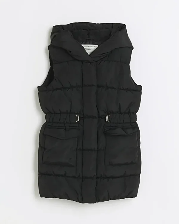 Girls black padded showerproof hooded gilet