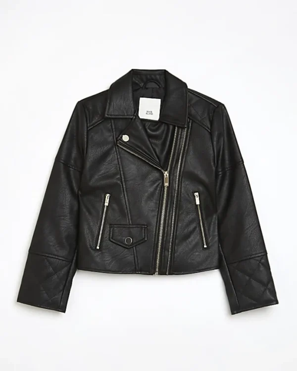 Girls black Pu double zip biker jacket