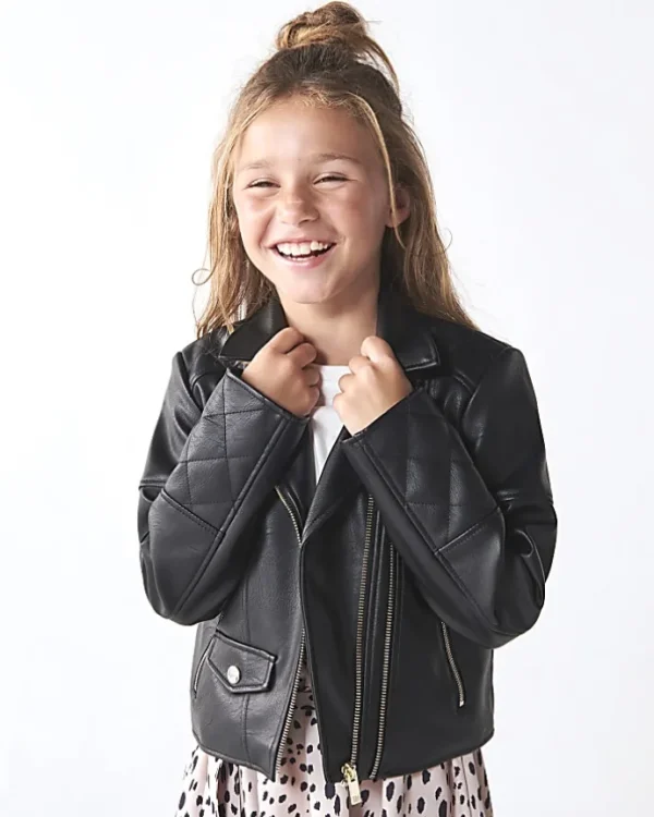 Girls black Pu double zip biker jacket