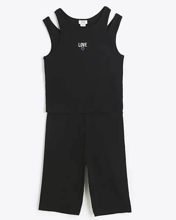 Girls black rib double strap tank top set