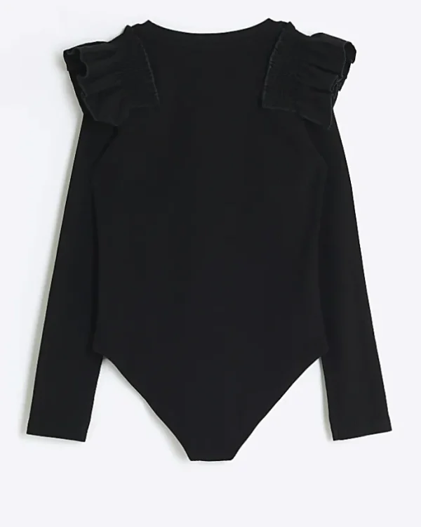 Girls black rib frill bodysuit