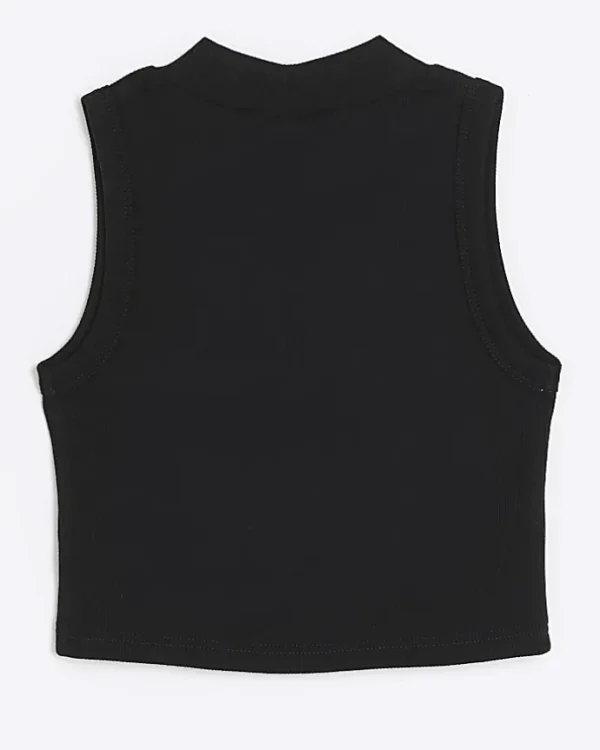 Girls black rib high neck tank top