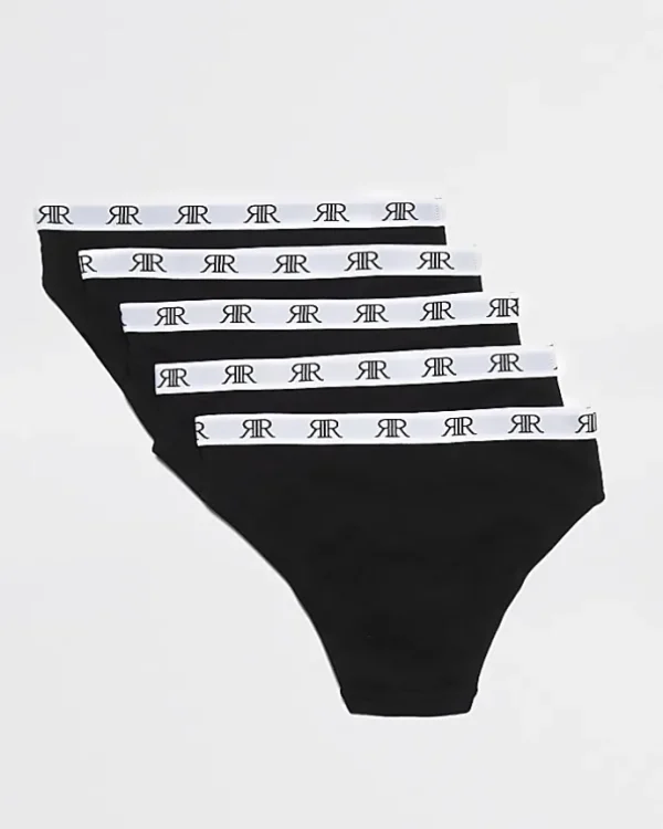 Girls black 'RR' waistband briefs 5 pack