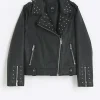 Girls black studded faux leather biker jacket