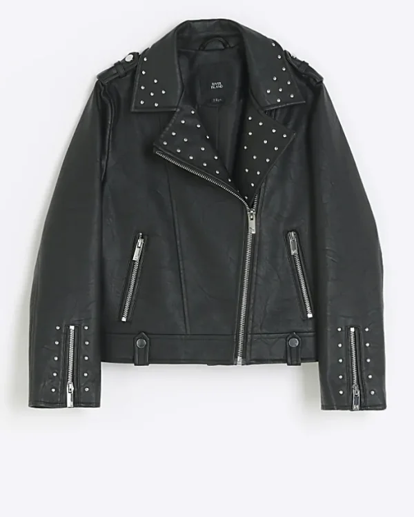 Girls black studded faux leather biker jacket