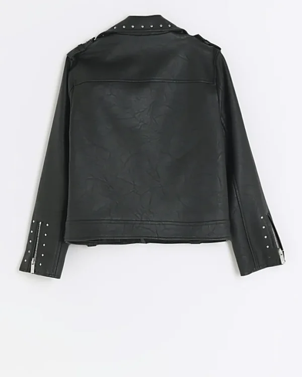 Girls black studded faux leather biker jacket