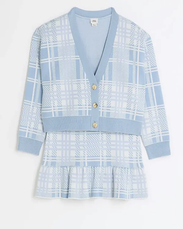 Girls blue check knit cardigan and skirt set