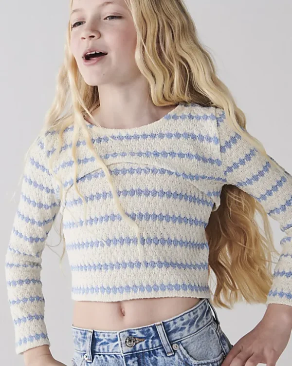 Girls blue crochet 2 in 1 long sleeve top