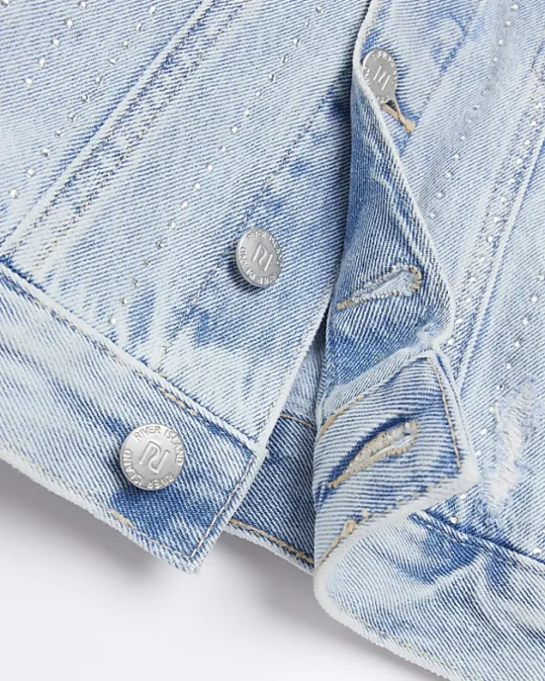 Girls blue diamante studded denim jacket