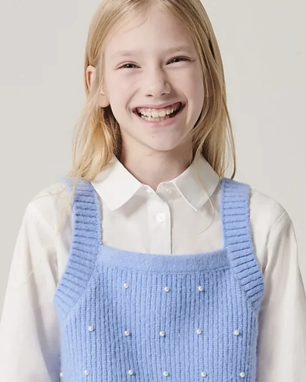 Girls Blue Embellished Knit Top and Shirt Set