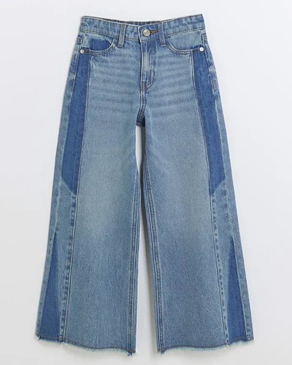 Girls blue patchwork wide leg jeans