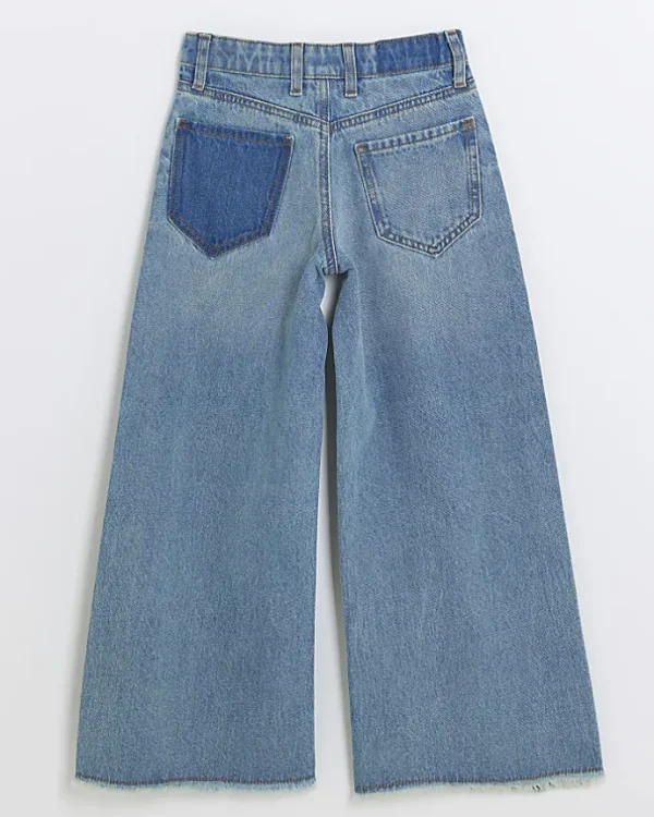 Girls blue patchwork wide leg jeans