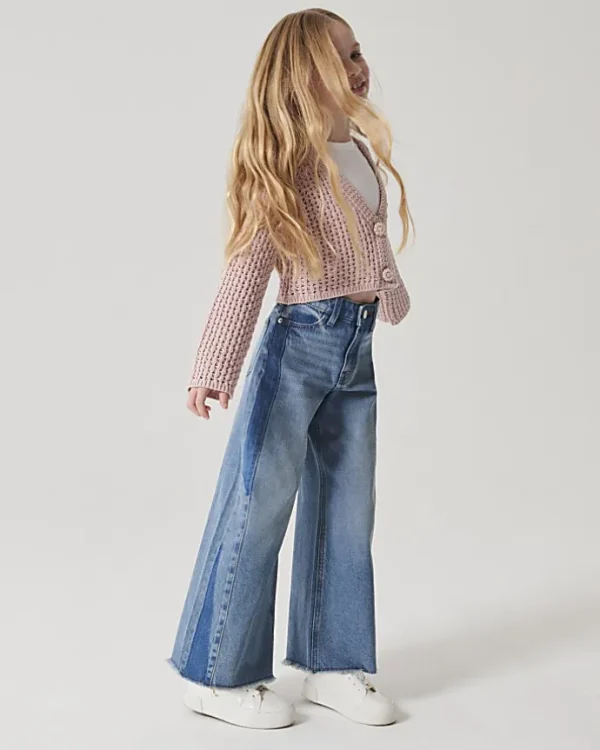 Girls blue patchwork wide leg jeans