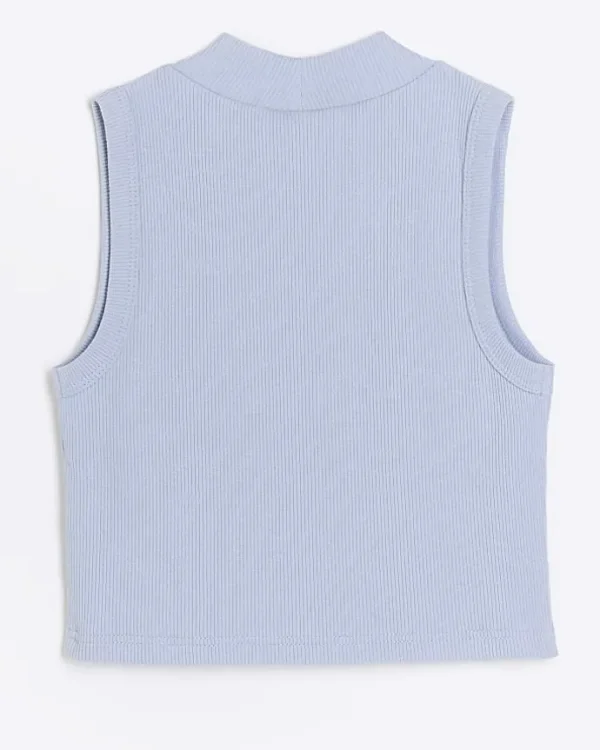 Girls blue rib high neck tank top