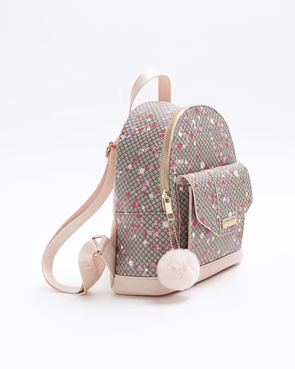 Girls brown floral monogram backpack