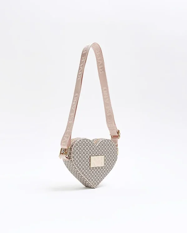 Girls brown RI monogram heart cross body bag