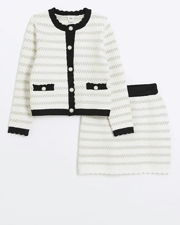 Girls cream boucle stripe cardigan set