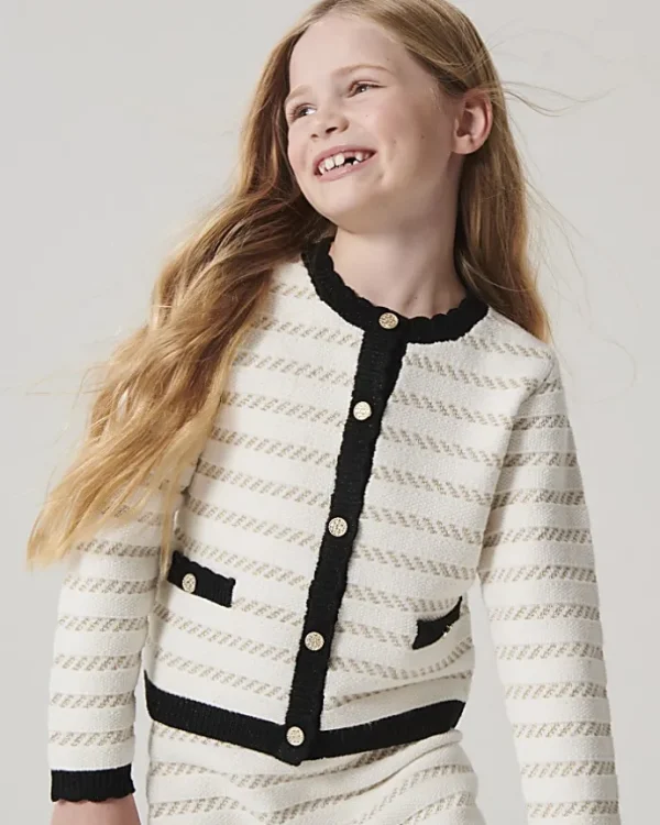 Girls cream boucle stripe cardigan set