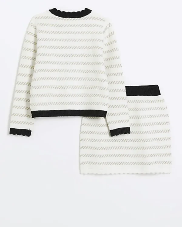 Girls cream boucle stripe cardigan set