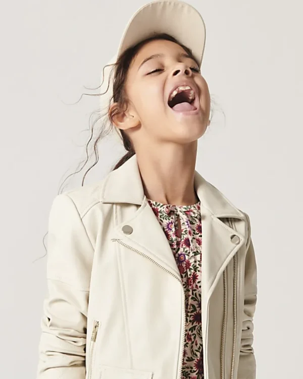 Girls Cream faux leather biker jacket