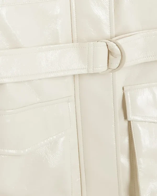 Girls cream faux leather utility shacket