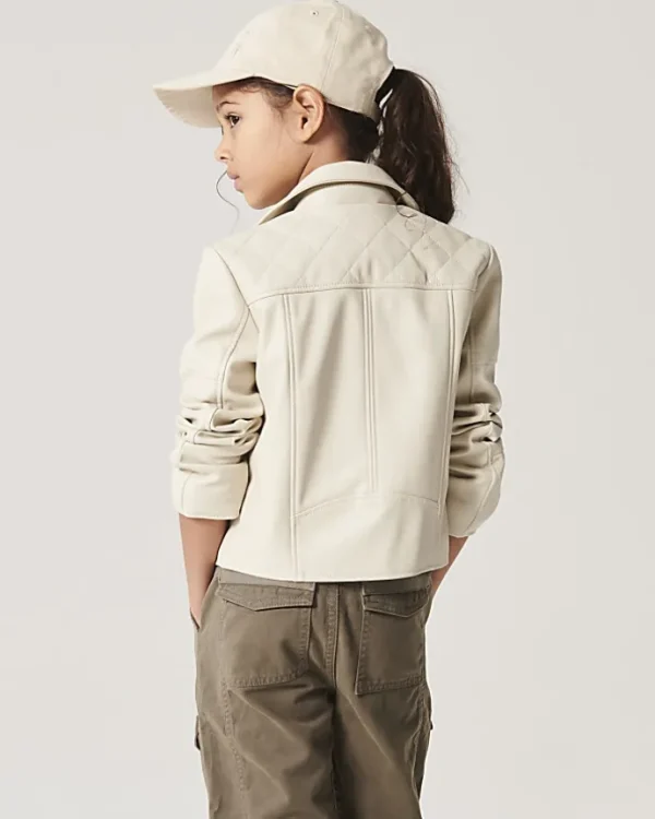 Girls Cream faux leather biker jacket