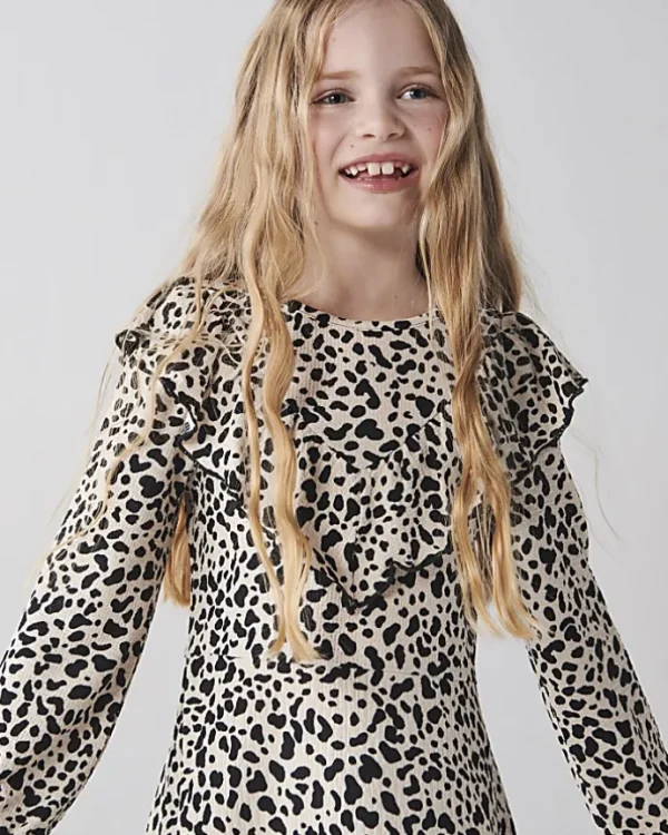 Girls cream leopard print frill dress