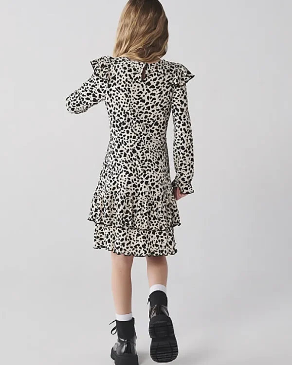 Girls cream leopard print frill dress