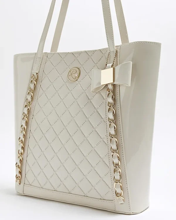 Girls cream quilted chain detail shopper bag