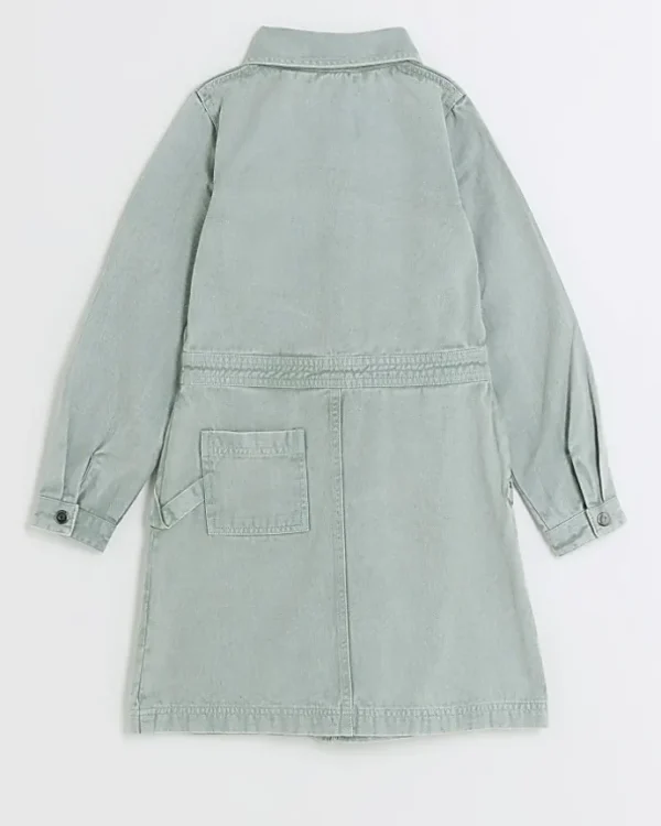 Girls green denim button up shirt dress