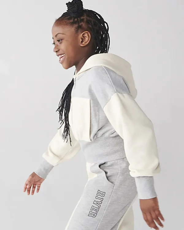 Girls grey colour block crop hoodie