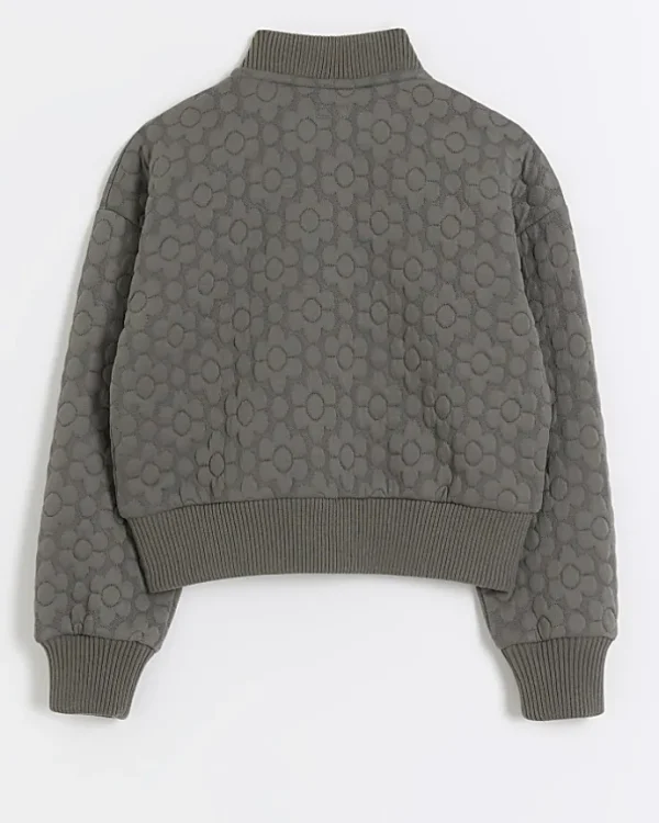 Girls grey floral quilted bomber jacket