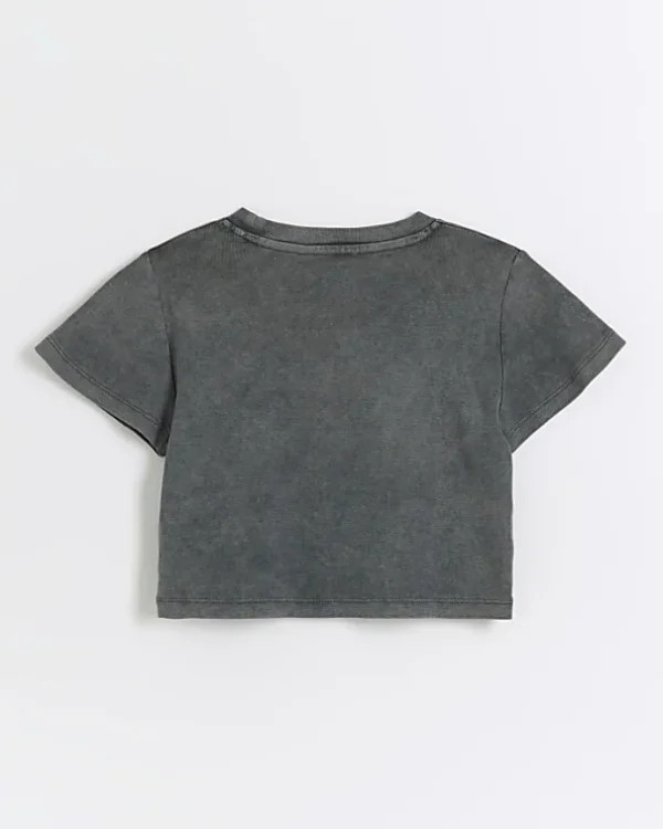 Girls grey washed graphic crop t-shirt