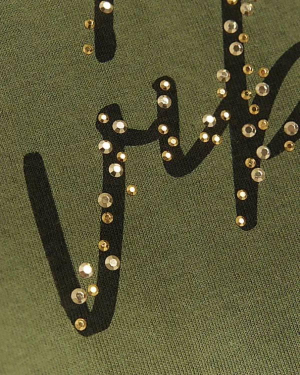 Girls khaki embellished crop t-shirt