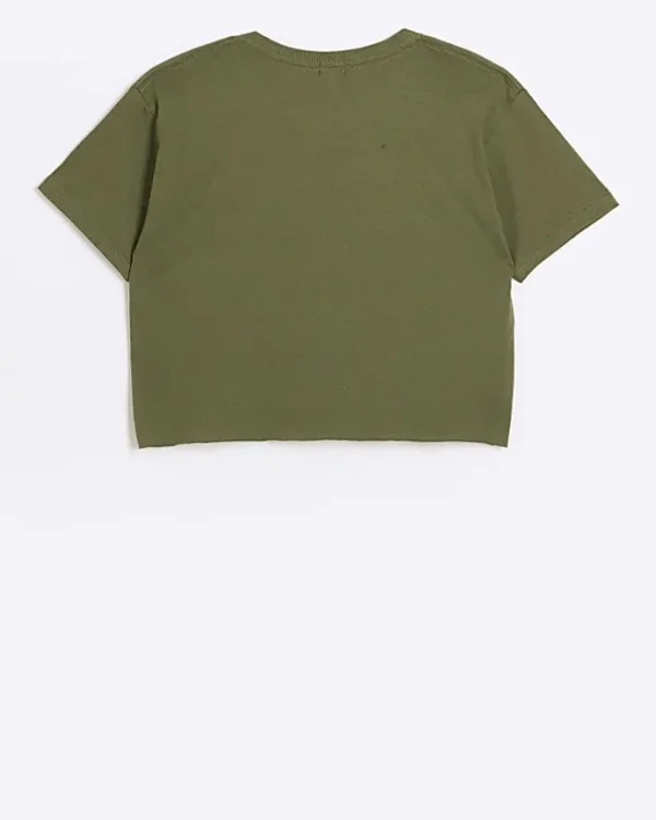 Girls khaki embellished crop t-shirt