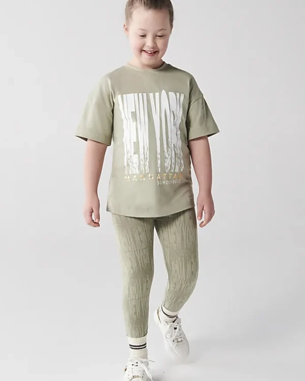 Girls khaki New York graphic t-shirt set