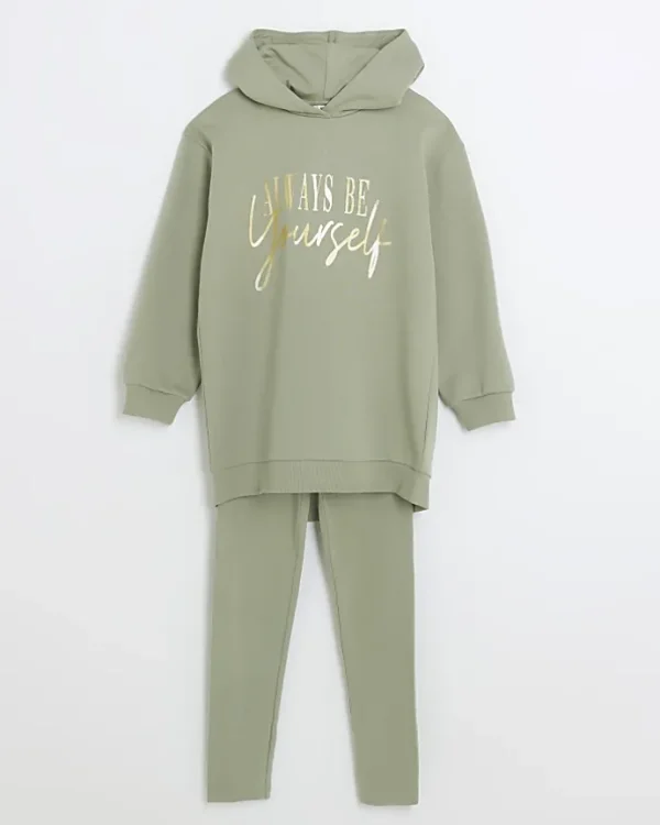 Girls khaki oversized hoodie and leggings set