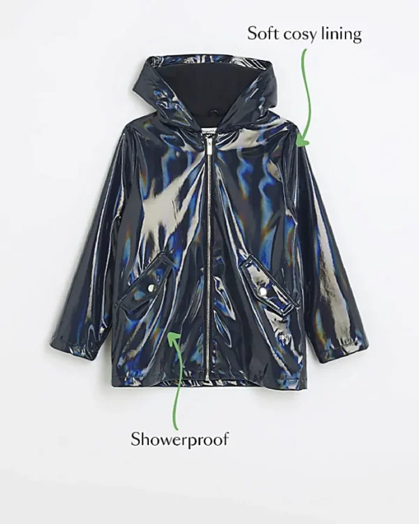 Girls navy hooded zip up rain coat