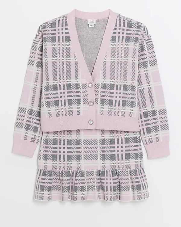 Girls pink check frill cardigan and skirt set