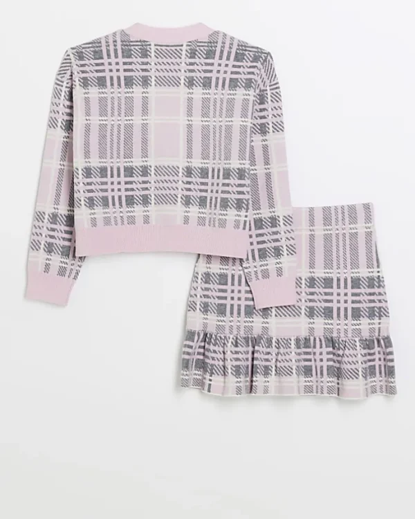 Girls pink check frill cardigan and skirt set