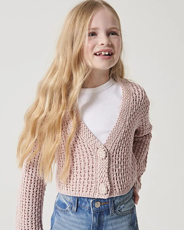 Girls pink crochet crop cardigan