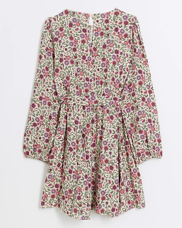 Girls pink daisy floral belted dress