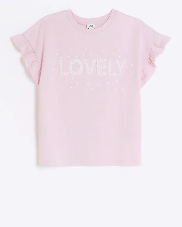 Girls pink graphic frill sleeve t-shirt