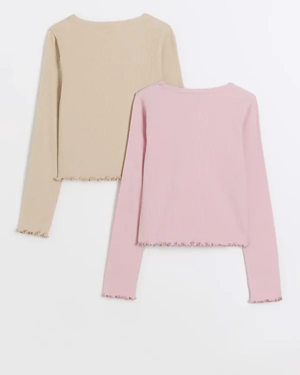 Girls pink lettuce hem long sleeve top 2 pack