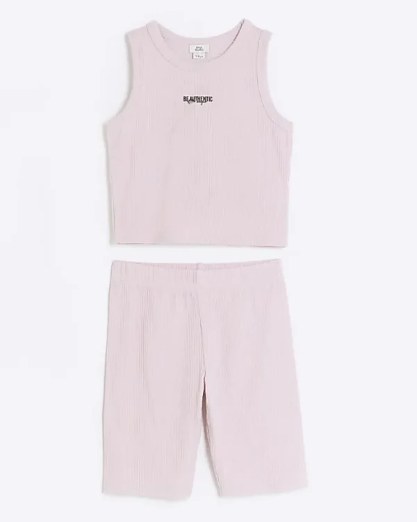 Girls pink rib tank top and shorts set