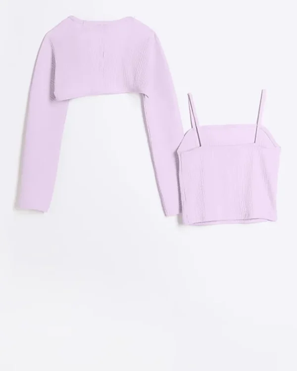 Girls pink ribbed cardigan and cami top set