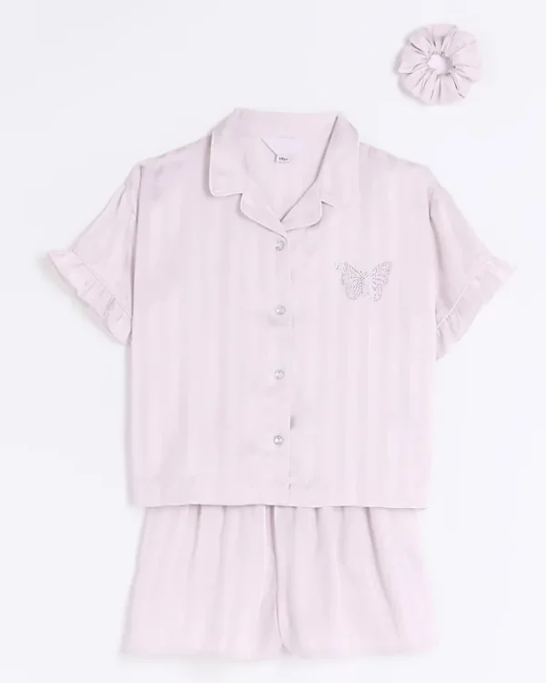 Girls pink satin stripe short pyjama set