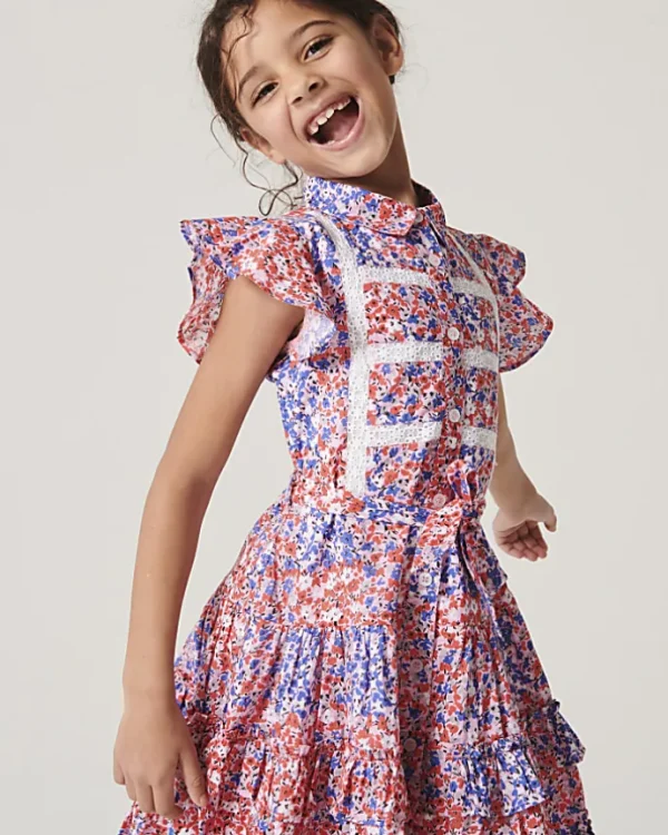 Girls red floral belted shirt dress