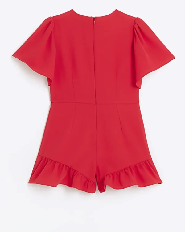 Girls red short sleeve belted playsuit